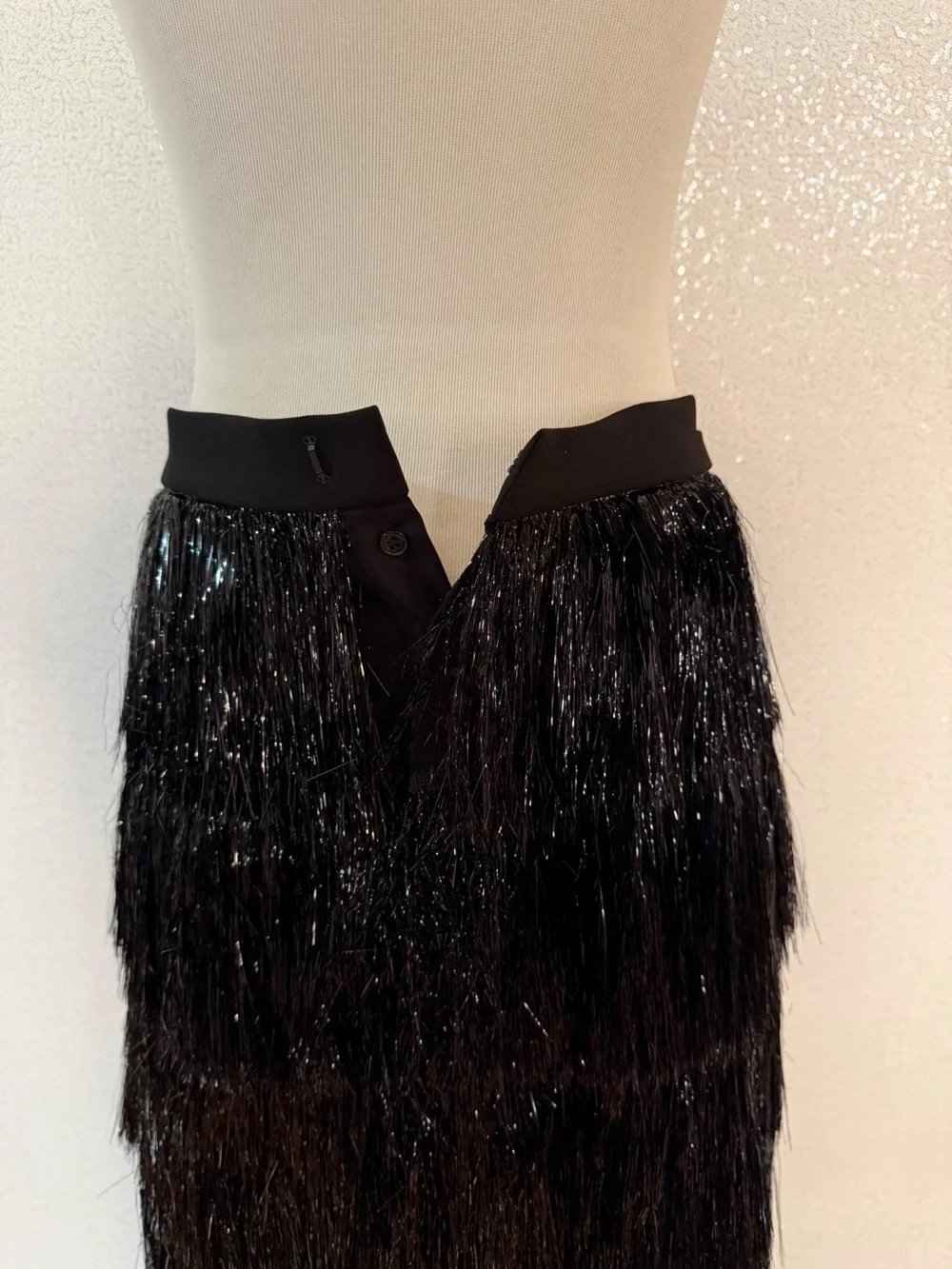 Antonio Melani Yara Fringe Midi Skirt NWT Size 6 Black Metallic Tiered Shimmer